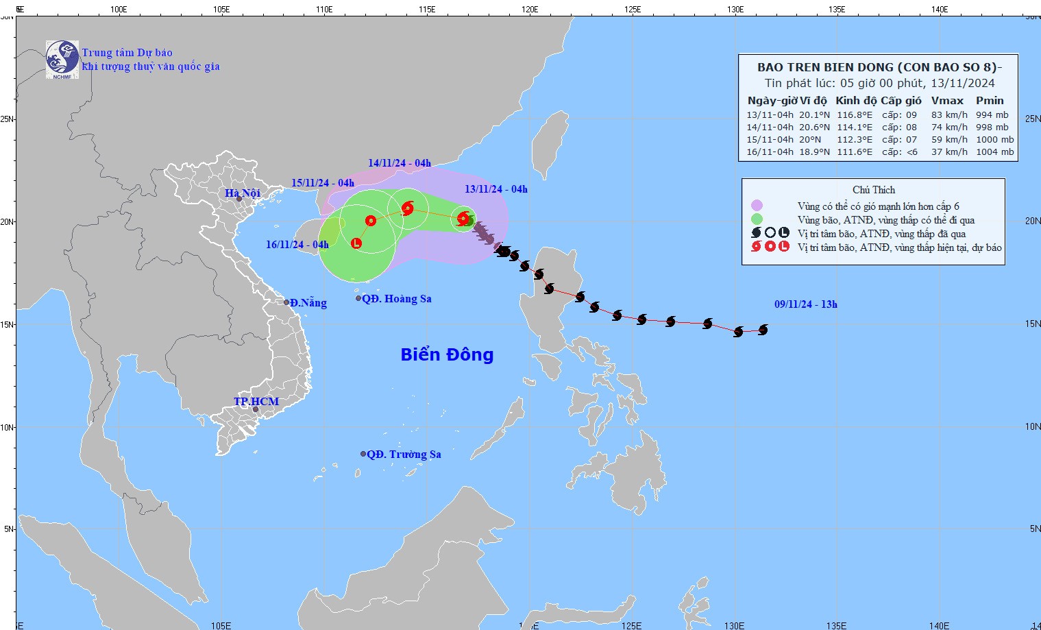 Hướng đi của bão số 8. (Ảnh: nchmf.gov.vn) Hướng đi của bão số 8. (Ảnh: nchmf.gov.vn)