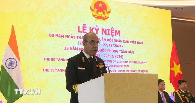 Phó Đô đốc Tarun Sobti, Phó Tham mưu trưởng Hải quân Ấn Độ phát biểu tại buổi lễ. (Ảnh: TTXVN) Phó Đô đốc Tarun Sobti, Phó Tham mưu trưởng Hải quân Ấn Độ phát biểu tại buổi lễ. (Ảnh: TTXVN)