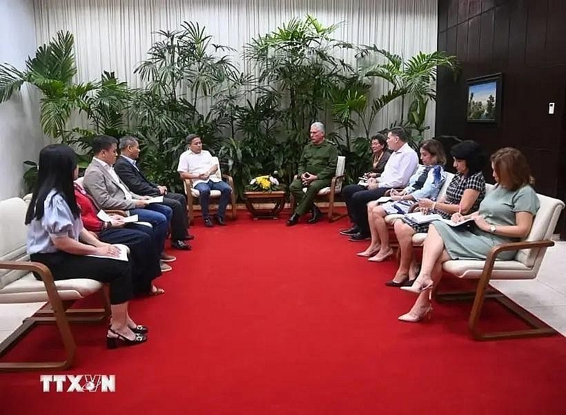 Cuban President Miguel Díaz-Canel (far right) receives representatives of Vietnamese businesses. (Photo: VNA) Cuban President Miguel Díaz-Canel (far right) receives representatives of Vietnamese businesses. (Photo: VNA)