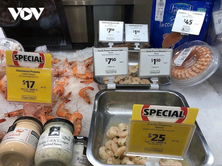 Vietnamese shrimp on display for sale at Coles store in Australia. Vietnamese shrimp on display for sale at Coles store in Australia.