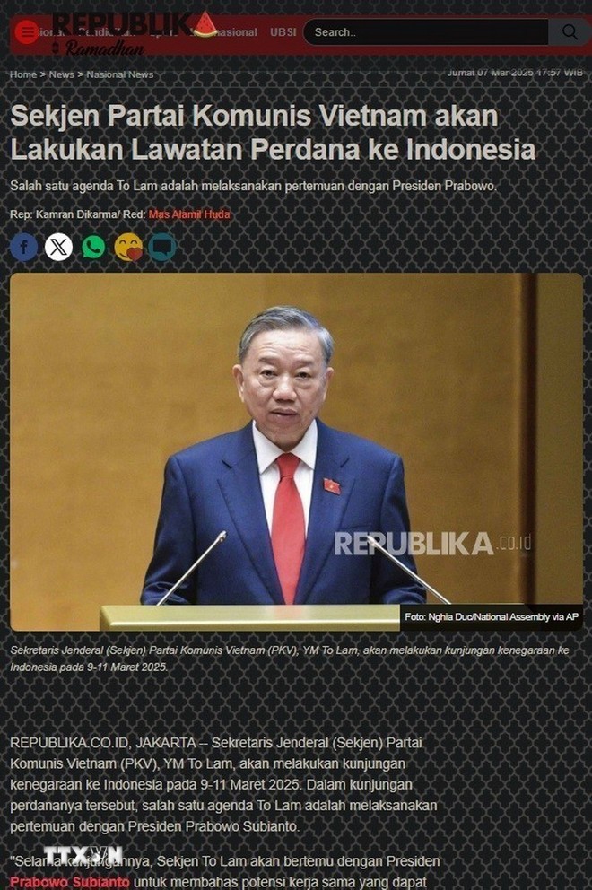 Báo chí Indonesia đồng loạt đưa tin về chuyến thăm của Tổng Bí thư Tô Lâm Báo chí Indonesia đồng loạt đưa tin về chuyến thăm của Tổng Bí thư Tô Lâm