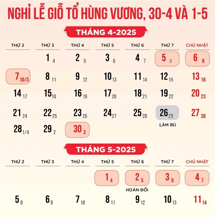 Giỗ tổ Hùng Vương, 30-4 và 1-5 được nghỉ bao nhiêu ngày? Giỗ tổ Hùng Vương, 30-4 và 1-5 được nghỉ bao nhiêu ngày?