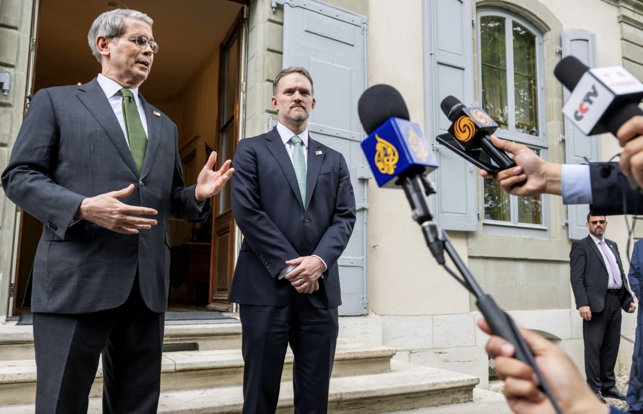 US Treasury Secretary Scott Bessent (left) and US Trade Representative Jamieson Greer speak to the media following trade negotiations with China in Geneva, Switzerland, May 11. (Photo: Reuters)
