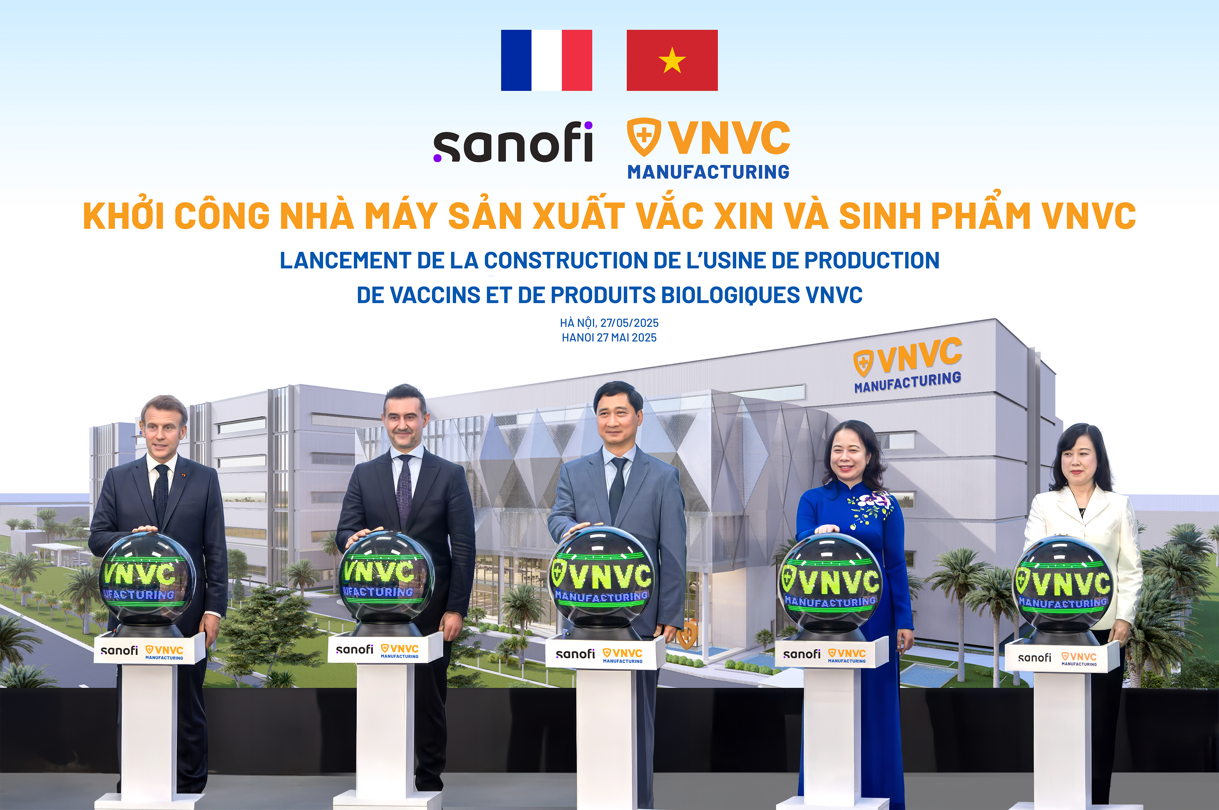 Tổng thống Pháp Emmanuel Macron cùng Phó Chủ tịch nước Võ Thị Ánh Xuân, Bộ trưởng Bộ Y tế Đào Hồng Lan, ông Burak Pekmezci - Tổng Giám đốc Sanofi Việt Nam và ông Ngô Chí Dũng - Chủ tịch HĐQT kiêm Tổng Giám đốc Công ty Vắc xin VNVC bấm nút khởi công xây dựng Nhà máy Vắc xin và Sinh phẩm VNVC. (Ảnh: Hải Nam) Tổng thống Pháp Emmanuel Macron cùng Phó Chủ tịch nước Võ Thị Ánh Xuân, Bộ trưởng Bộ Y tế Đào Hồng Lan, ông Burak Pekmezci - Tổng Giám đốc Sanofi Việt Nam và ông Ngô Chí Dũng - Chủ tịch HĐQT kiêm Tổng Giám đốc Công ty Vắc xin VNVC bấm nút khởi công xây dựng Nhà máy Vắc xin và Sinh phẩm VNVC. (Ảnh: Hải Nam)