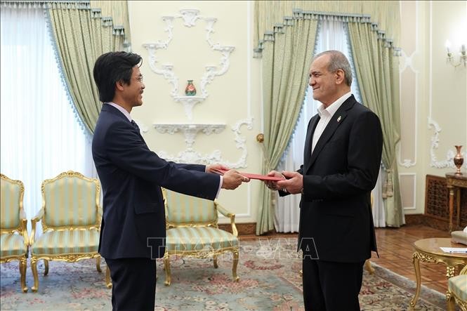 Đại sứ Việt Nam tại Iran Nguyễn Lương Ngọc trình Thư ủy nhiệm lên Tổng thống Iran Masoud Pezeshkian. Ảnh: TTXVN Đại sứ Việt Nam tại Iran Nguyễn Lương Ngọc trình Thư ủy nhiệm lên Tổng thống Iran Masoud Pezeshkian. Ảnh: TTXVN