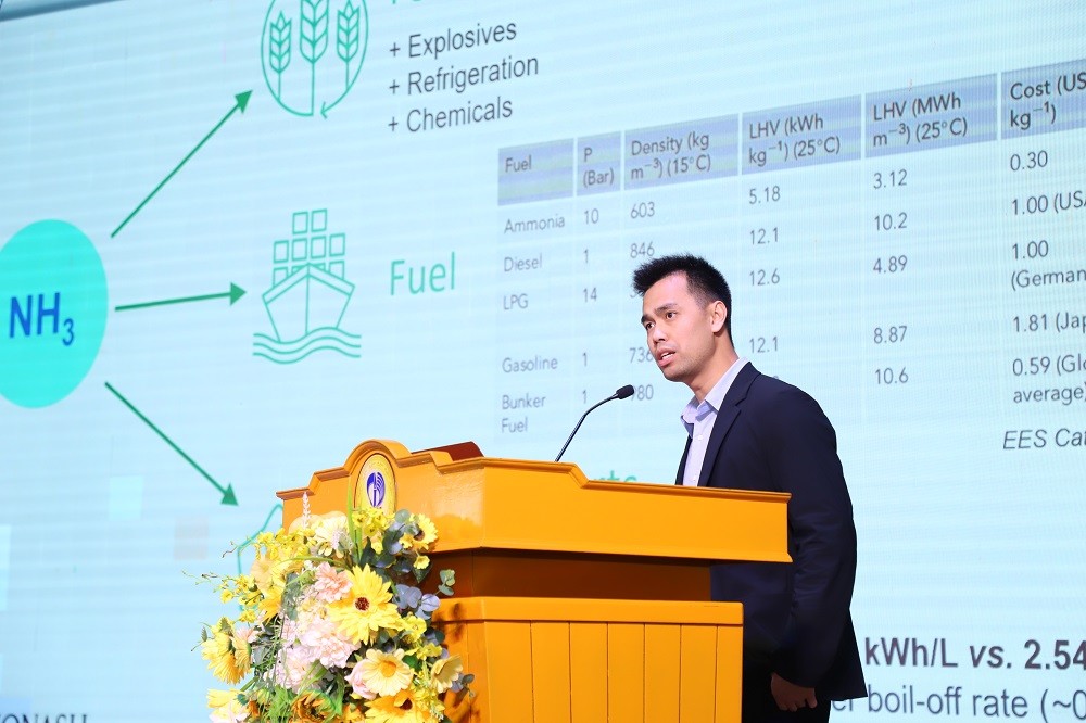 TS. Dư Hoàng Long đem những nghiên cứu đột phá trong sản xuất amoniac, phát triển giải pháp năng lượng sạch tới hội thảo InnovaConnect. Ảnh: BTC. TS. Dư Hoàng Long đem những nghiên cứu đột phá trong sản xuất amoniac, phát triển giải pháp năng lượng sạch tới hội thảo InnovaConnect. Ảnh: BTC.