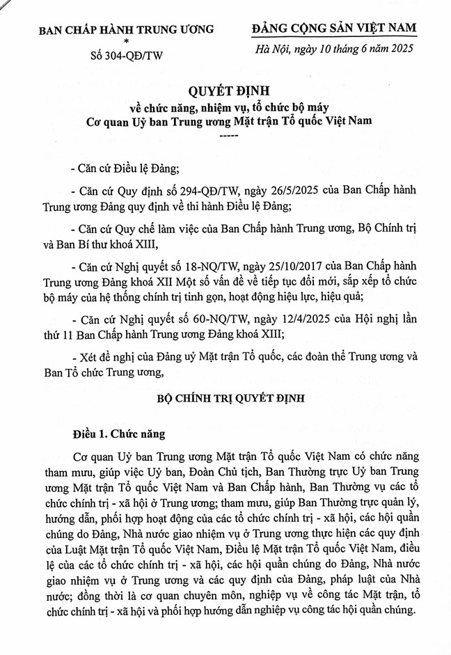 Quyết định số 304-QĐ/TW của Bộ Chính trị, Ban Bí thư về chức năng, nhiệm vụ, tổ chức bộ máy Cơ quan Ủy ban Trung ương Mặt trận Tổ quốc Việt Nam Quyết định số 304-QĐ/TW của Bộ Chính trị, Ban Bí thư về chức năng, nhiệm vụ, tổ chức bộ máy Cơ quan Ủy ban Trung ương Mặt trận Tổ quốc Việt Nam
