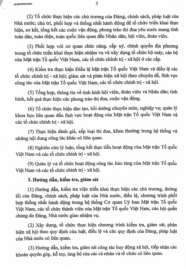 Quyết định số 304-QĐ/TW của Bộ Chính trị, Ban Bí thư về chức năng, nhiệm vụ, tổ chức bộ máy Cơ quan Ủy ban Trung ương Mặt trận Tổ quốc Việt Nam Quyết định số 304-QĐ/TW của Bộ Chính trị, Ban Bí thư về chức năng, nhiệm vụ, tổ chức bộ máy Cơ quan Ủy ban Trung ương Mặt trận Tổ quốc Việt Nam