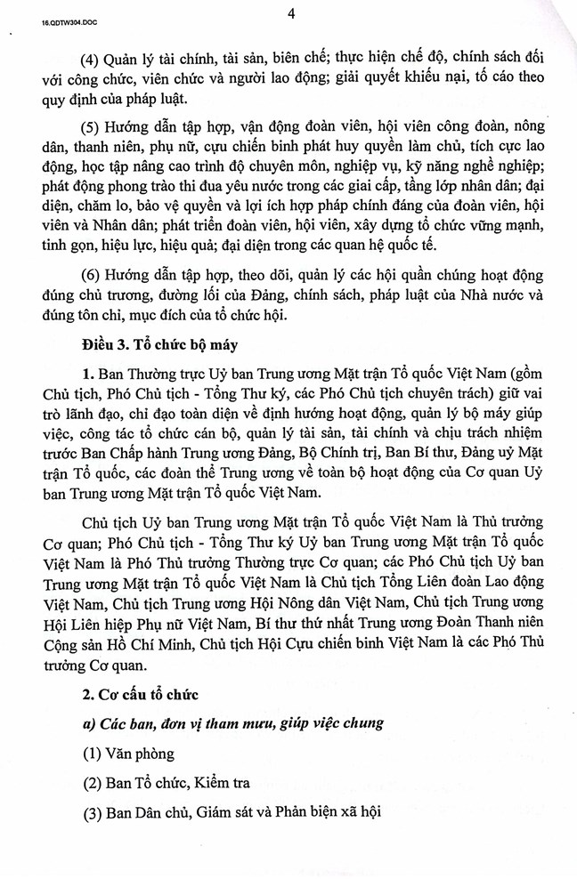 Quyết định số 304-QĐ/TW của Bộ Chính trị, Ban Bí thư về chức năng, nhiệm vụ, tổ chức bộ máy Cơ quan Ủy ban Trung ương Mặt trận Tổ quốc Việt Nam Quyết định số 304-QĐ/TW của Bộ Chính trị, Ban Bí thư về chức năng, nhiệm vụ, tổ chức bộ máy Cơ quan Ủy ban Trung ương Mặt trận Tổ quốc Việt Nam