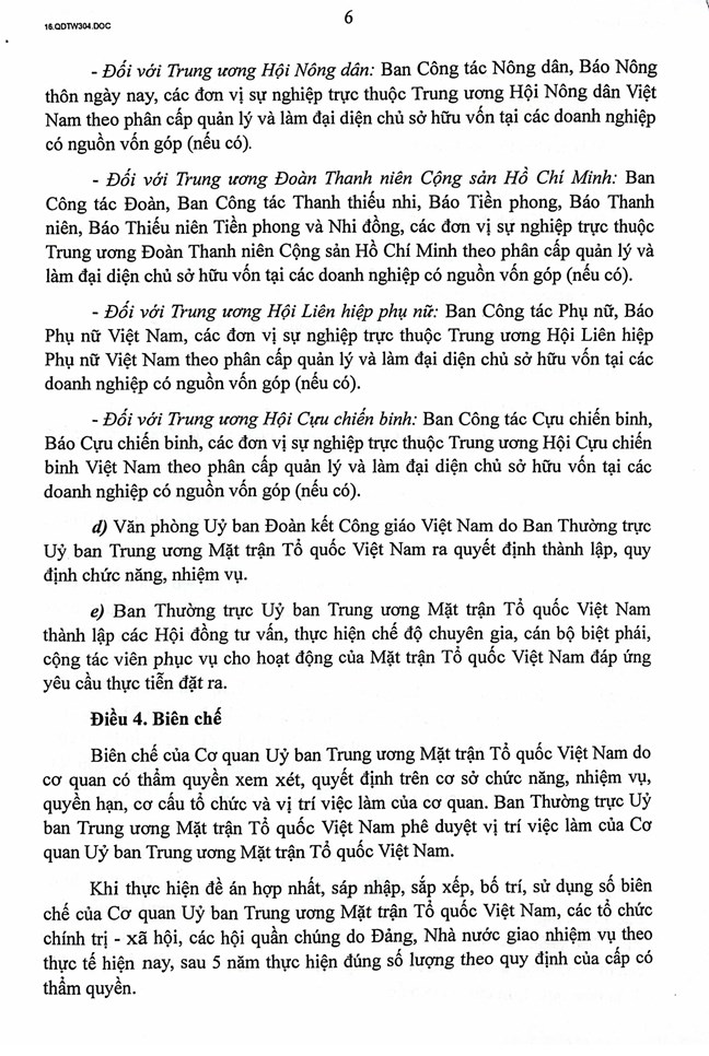 Quyết định số 304-QĐ/TW của Bộ Chính trị, Ban Bí thư về chức năng, nhiệm vụ, tổ chức bộ máy Cơ quan Ủy ban Trung ương Mặt trận Tổ quốc Việt Nam Quyết định số 304-QĐ/TW của Bộ Chính trị, Ban Bí thư về chức năng, nhiệm vụ, tổ chức bộ máy Cơ quan Ủy ban Trung ương Mặt trận Tổ quốc Việt Nam