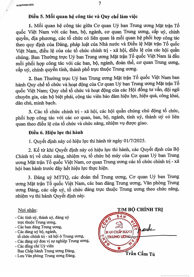 Quyết định số 304-QĐ/TW của Bộ Chính trị, Ban Bí thư về chức năng, nhiệm vụ, tổ chức bộ máy Cơ quan Ủy ban Trung ương Mặt trận Tổ quốc Việt Nam Quyết định số 304-QĐ/TW của Bộ Chính trị, Ban Bí thư về chức năng, nhiệm vụ, tổ chức bộ máy Cơ quan Ủy ban Trung ương Mặt trận Tổ quốc Việt Nam