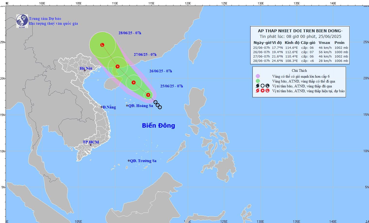 Movement path of the tropical depression as of the morning of June 25. Source: NCHMF Movement path of the tropical depression as of the morning of June 25. Source: NCHMF