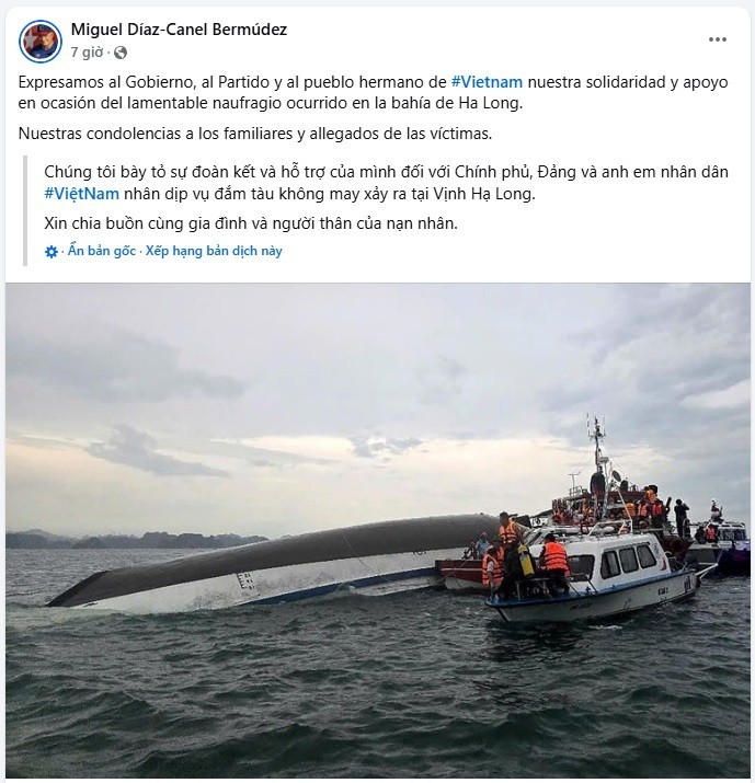 The First Secretary of the Communist Party of Cuba and President of the Republic of Cuba, Miguel Díaz-Canel, extends his condolences to the families and loved ones of the victims of the boat capsizing in Ha Long Bay. (Screenshot from personal social media page)