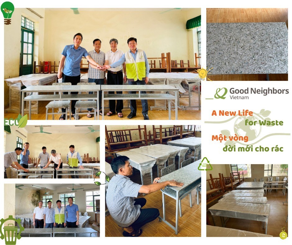The 60 sets of desks and chairs exemplify the transformation of plastic waste into resources, aiming to reduce plastic emissions. (Photo: GNI) The 60 sets of desks and chairs exemplify the transformation of plastic waste into resources, aiming to reduce plastic emissions. (Photo: GNI)