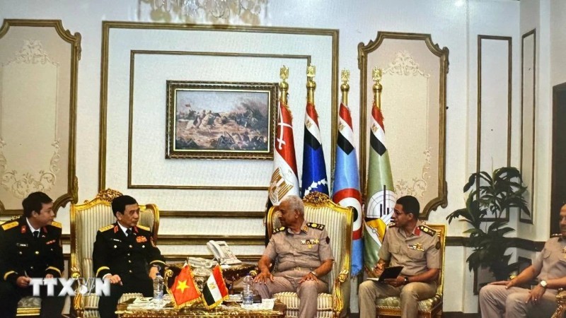 Đại tướng Phan Văn Giang, Bộ trưởng Quốc phòng hội kiến Đại tướng Abdel Mageed Saqr, Bộ trưởng Quốc phòng Ai Cập. (Ảnh: TTXVN phát)