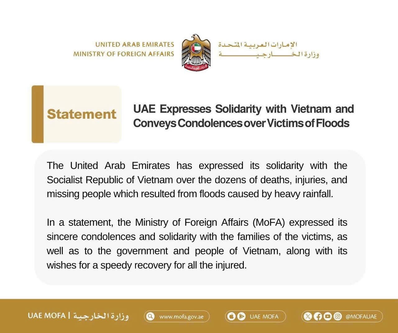 UAE chia sẻ trước thiệt hại do mưa lũ tại Việt Nam UAE chia sẻ trước thiệt hại do mưa lũ tại Việt Nam
