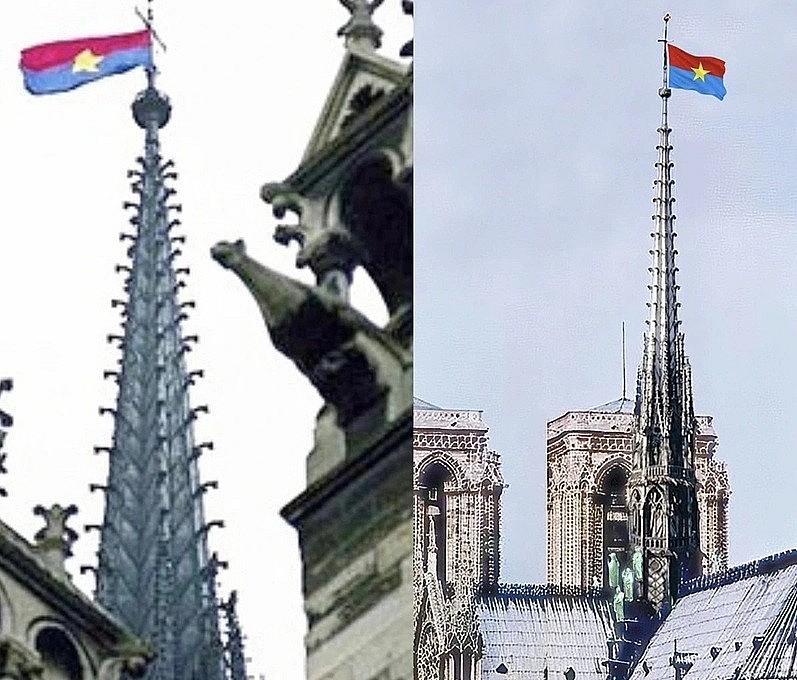 Swiss Friends and the Vietnamese Flag on top of Notre Dame Cathedral Swiss Friends and the Vietnamese Flag on top of Notre Dame Cathedral