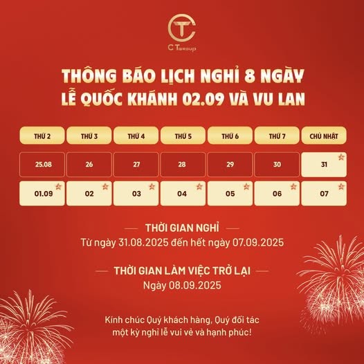 Nối tiếp kỳ nghỉ Quốc khánh 2/9, CT Group cho nhân viên nghỉ thêm 5 ngày dịp lễ Vu Lan Nối tiếp kỳ nghỉ Quốc khánh 2/9, CT Group cho nhân viên nghỉ thêm 5 ngày dịp lễ Vu Lan