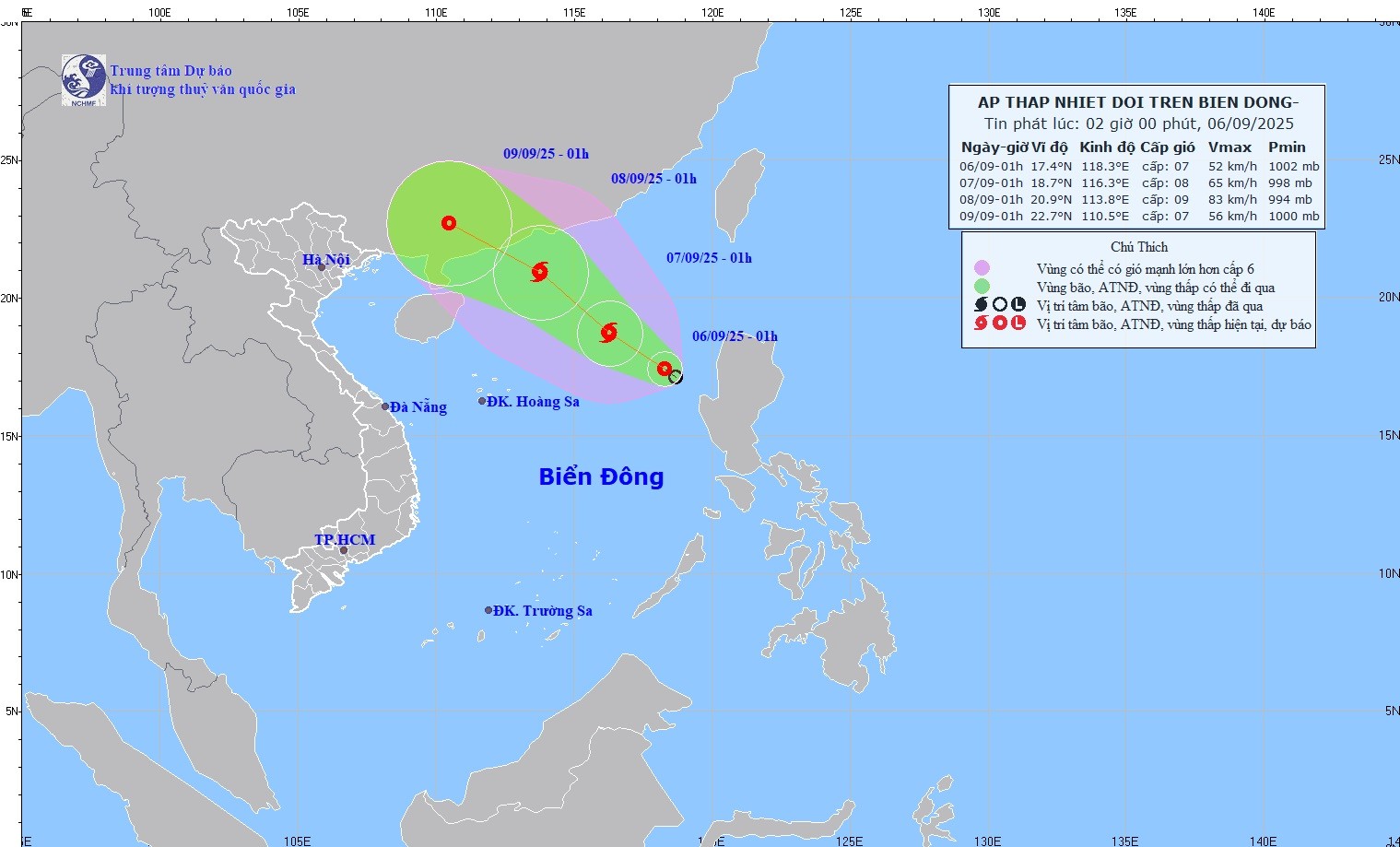 Đường đi của áp thấp nhiệt đới. (Ảnh: nchmf.gov.vn) Đường đi của áp thấp nhiệt đới. (Ảnh: nchmf.gov.vn)