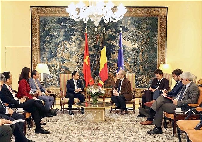 Deputy Prime Minister Bui Thanh Son (fifth, left) meets with President of the Belgian House of Representatives Peter De Roover (fourth, right) on October 10. (Photo: VNA) Deputy Prime Minister Bui Thanh Son (fifth, left) meets with President of the Belgian House of Representatives Peter De Roover (fourth, right) on October 10. (Photo: VNA)