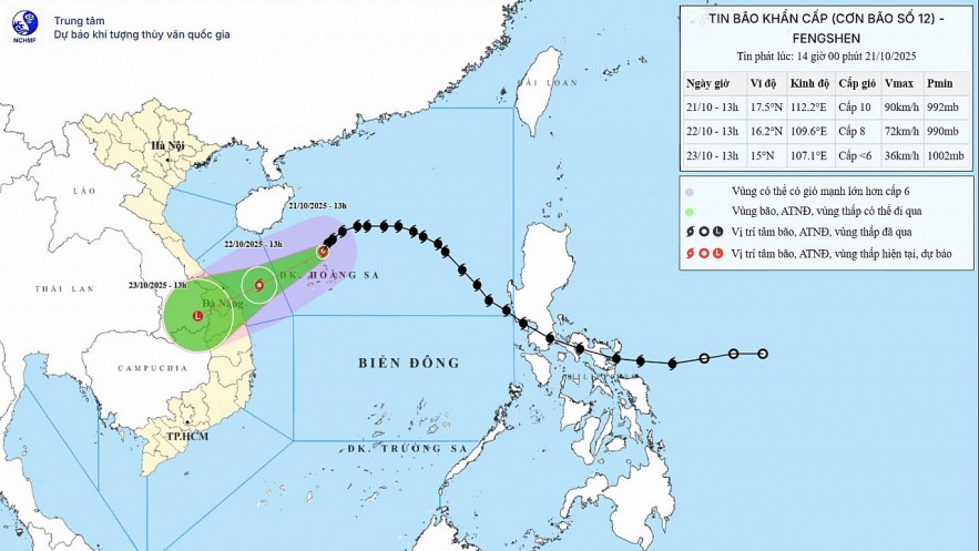 Storm No. 12 (Fengshen) is forecast to make landfall between Quang Tri and Da Nang, with heavy rainfall peaking from October 22 to 23. Photo: NCHMF Storm No. 12 (Fengshen) is forecast to make landfall between Quang Tri and Da Nang, with heavy rainfall peaking from October 22 to 23. Photo: NCHMF