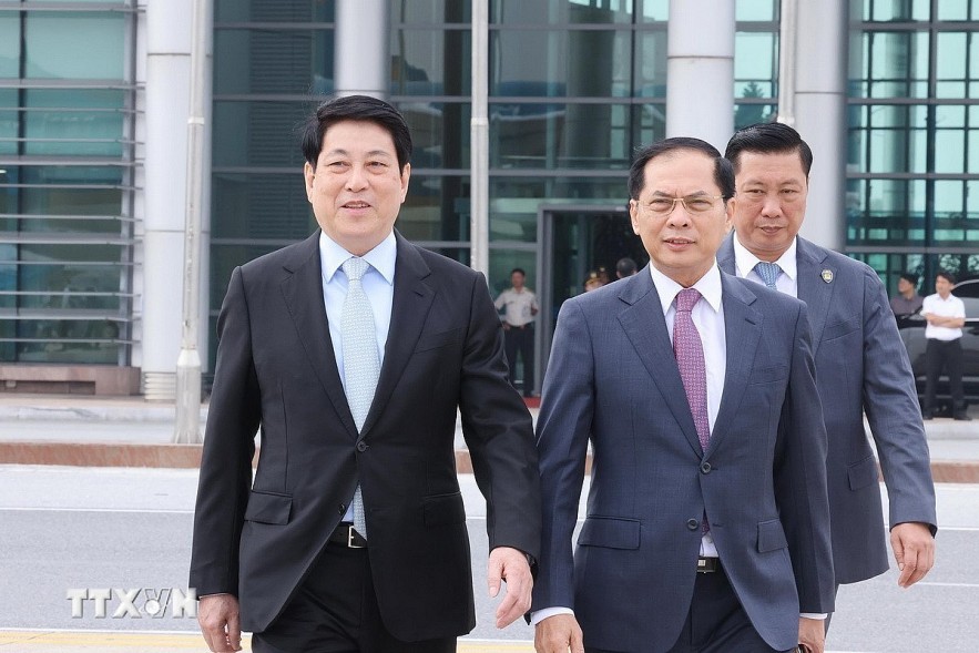 President Luong Cuong and Deputy Prime Minister Bui Thanh Son at Noi Bai International Airport. Photo: VNA