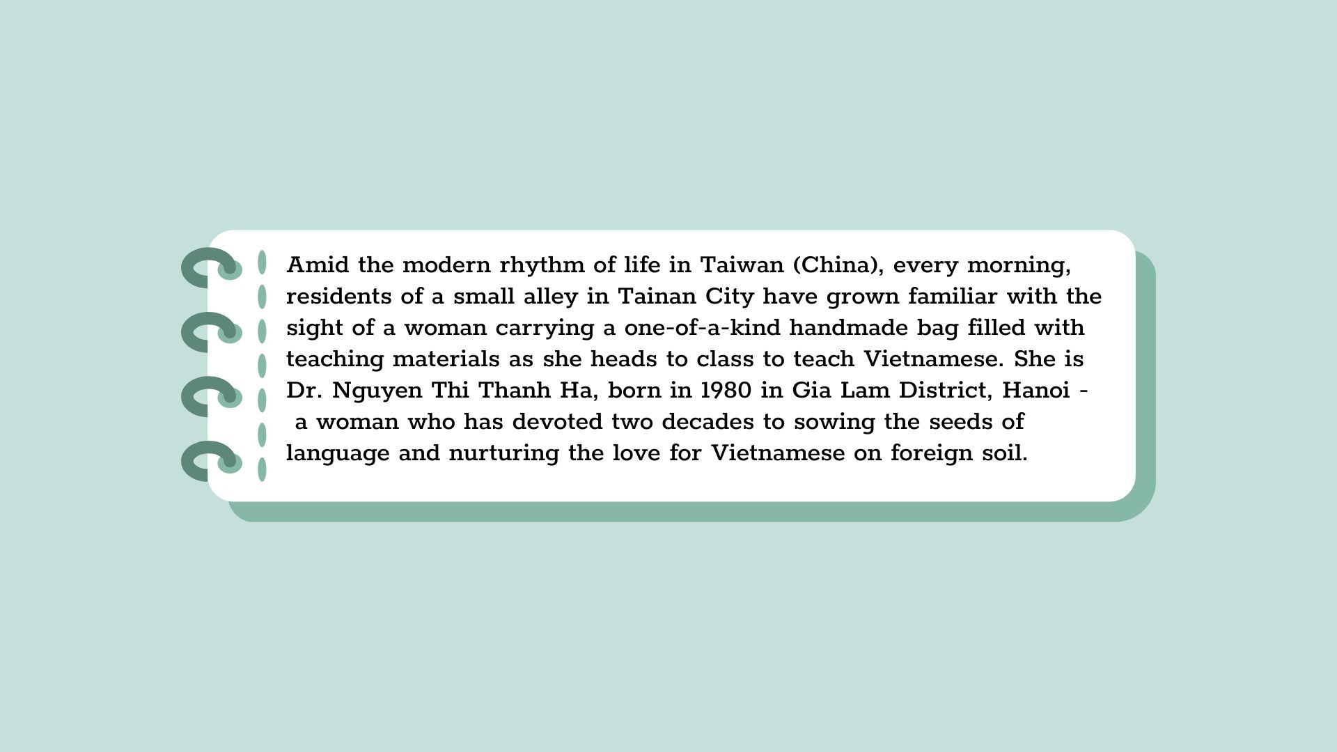 Dr. Nguyen Thi Thanh Ha: Two Decades of Nurturing Vietnamese Language in Taiwan (China) Dr. Nguyen Thi Thanh Ha: Two Decades of Nurturing Vietnamese Language in Taiwan (China)