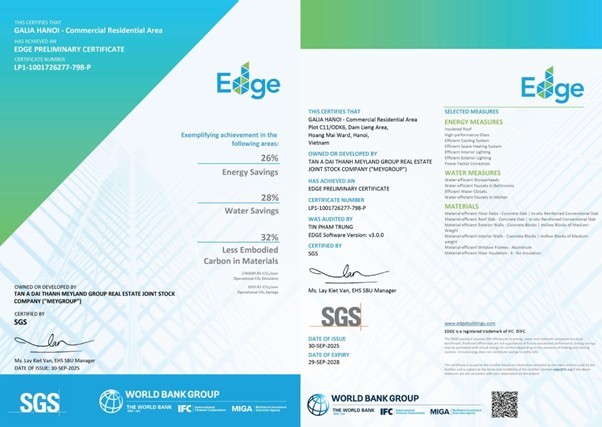 Chứng chỉ là minh chứng cho tầm nhìn tiên phong của MEYGROUP trong việc áp dụng chuẩn xanh quốc tế EDGE tại Việt Nam. Chứng chỉ là minh chứng cho tầm nhìn tiên phong của MEYGROUP trong việc áp dụng chuẩn xanh quốc tế EDGE tại Việt Nam.