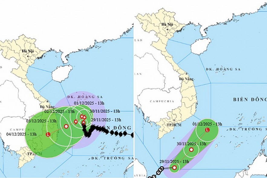 Forecasted path of Typhoon Koto and the rare tropical depression on Nov 29, 13:00. Source: NCHMF Forecasted path of Typhoon Koto and the rare tropical depression on Nov 29, 13:00. Source: NCHMF