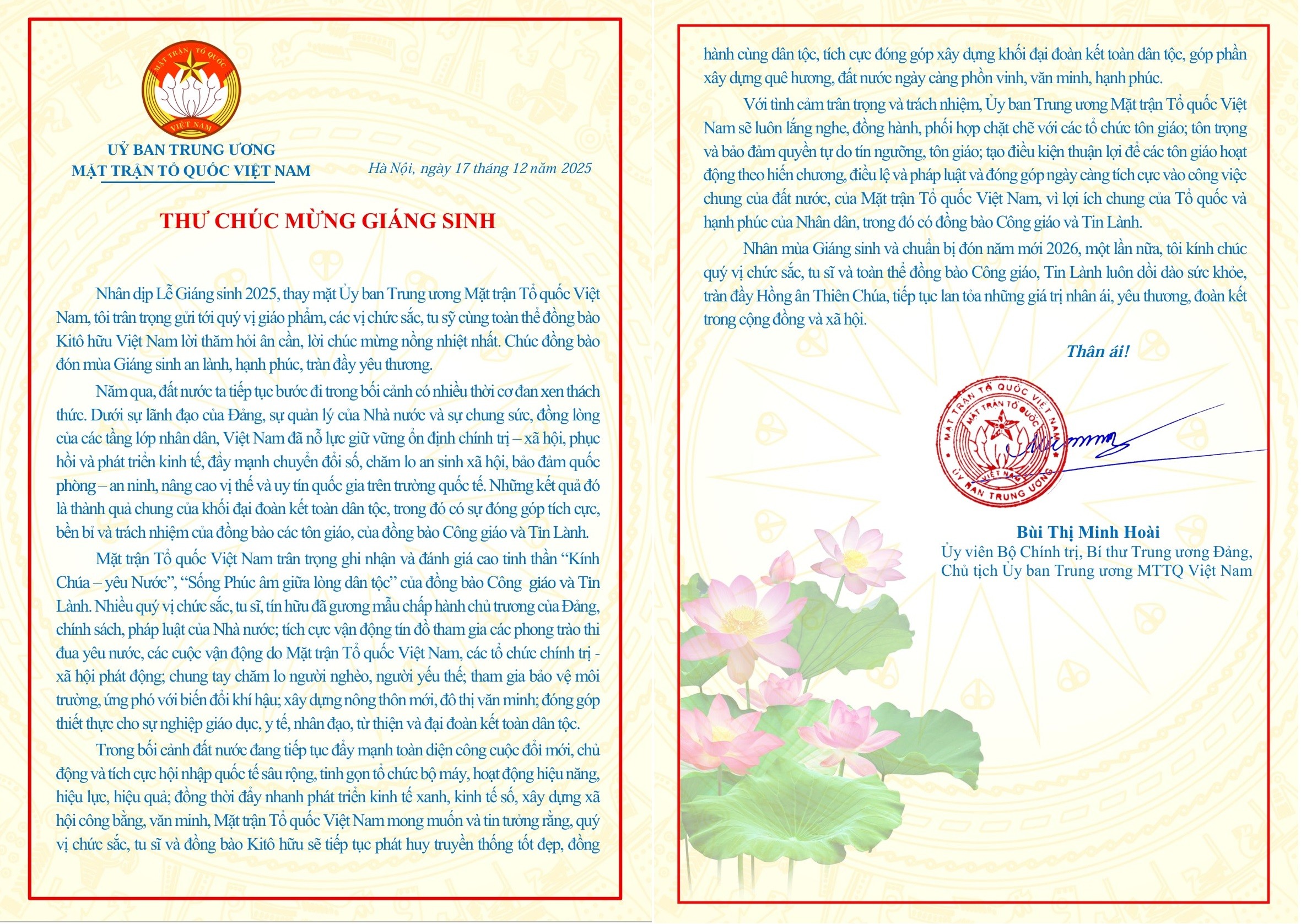 Thư chúc mừng Giáng sinh của bà Bùi Thị Minh Hoài, Ủy viên Bộ Chính trị, Bí thư Trung ương Đảng, Chủ tịch Ủy ban Trung ương Mặt trận Tổ quốc Việt Nam. (Ảnh: mattran.org.vn) Thư chúc mừng Giáng sinh của bà Bùi Thị Minh Hoài, Ủy viên Bộ Chính trị, Bí thư Trung ương Đảng, Chủ tịch Ủy ban Trung ương Mặt trận Tổ quốc Việt Nam. (Ảnh: mattran.org.vn)