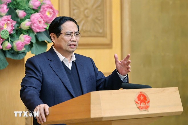Prime Minister Pham Minh Chinh delivered remarks at the meeting. (Photo: Duong Giang/VNA) Prime Minister Pham Minh Chinh delivered remarks at the meeting. (Photo: Duong Giang/VNA)