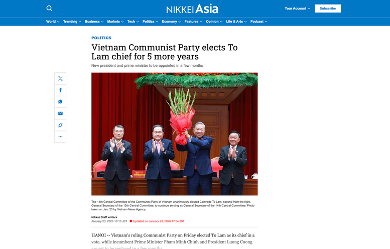 Nikkei (Nhật Bản) đưa tin về ngày làm việc cuối cùng của Đại hội XIV. Nikkei (Nhật Bản) đưa tin về ngày làm việc cuối cùng của Đại hội XIV.