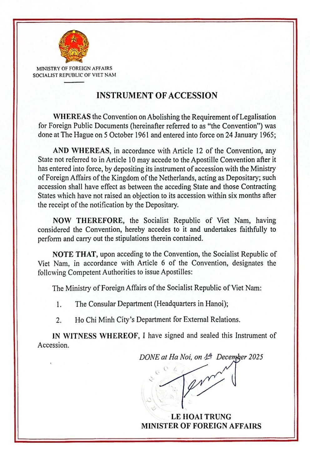 Văn kiện gia nhập Công ước Apostille của Việt Nam.