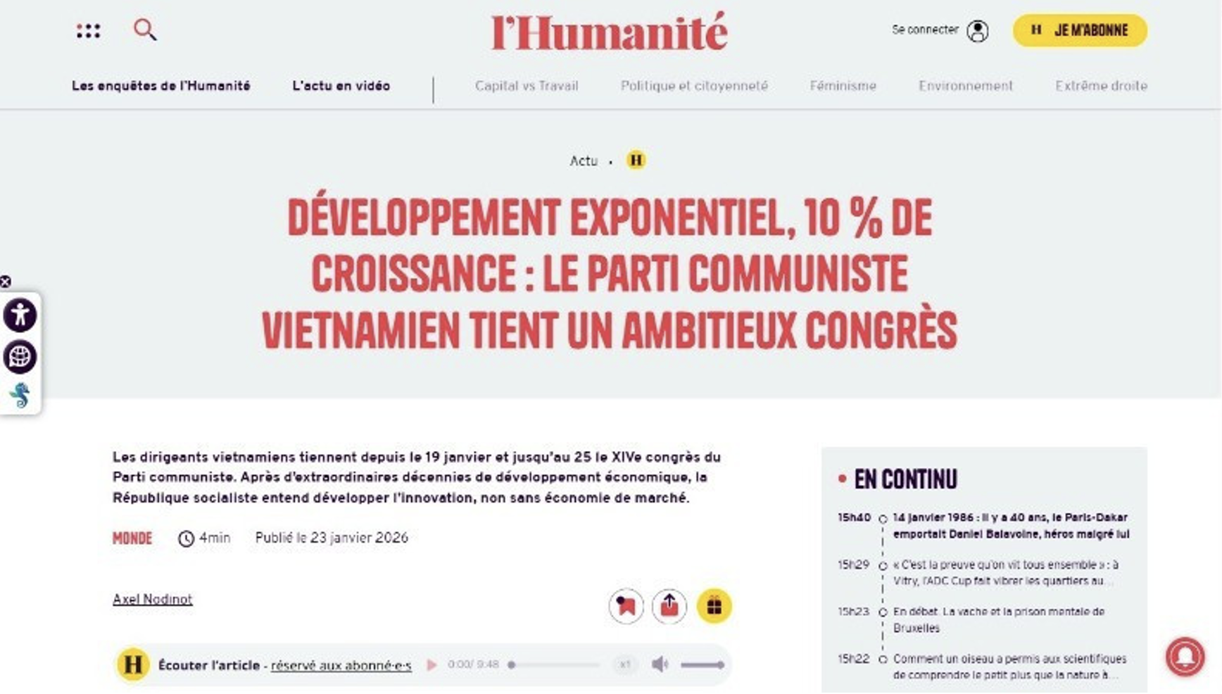 Báo Nhân đạo nhấn mạnh mục tiêu đề ra từ Đại hội XIV của Đảng Cộng sản Việt Nam, đạt tốc độ tăng trưởng GDP bình quân từ 10%/năm trở lên.