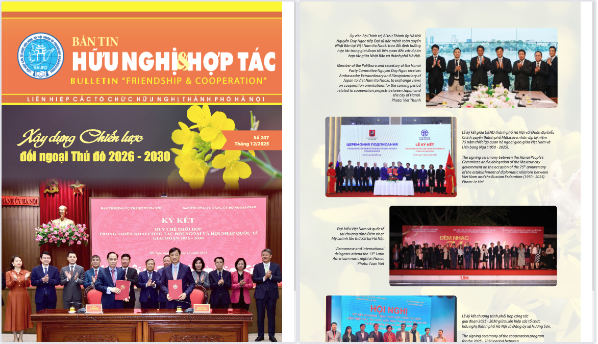 Bản tin “Hữu nghị và hợp tác” song ngữ Việt - Anh do Liên hiệp các tổ chức hữu nghị thành phố Hà Nội xuất bản. (Ảnh chụp màn hình) Bản tin “Hữu nghị và hợp tác” song ngữ Việt - Anh do Liên hiệp các tổ chức hữu nghị thành phố Hà Nội xuất bản. (Ảnh chụp màn hình)