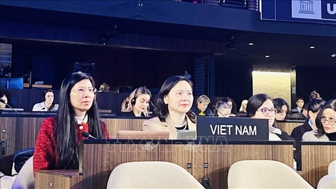 Đại sứ Nguyễn Thị Vân Anh, Trưởng Phái đoàn Đại diện thường trực Việt Nam bên cạnh UNESCO (giữa), tại Kỳ họp lần thứ 19 của Ủy ban liên chính phủ Công ước của UNESCO về Bảo vệ và phát huy sự đa dạng của các biểu đạt văn hoá. Ảnh: TTXVN phát