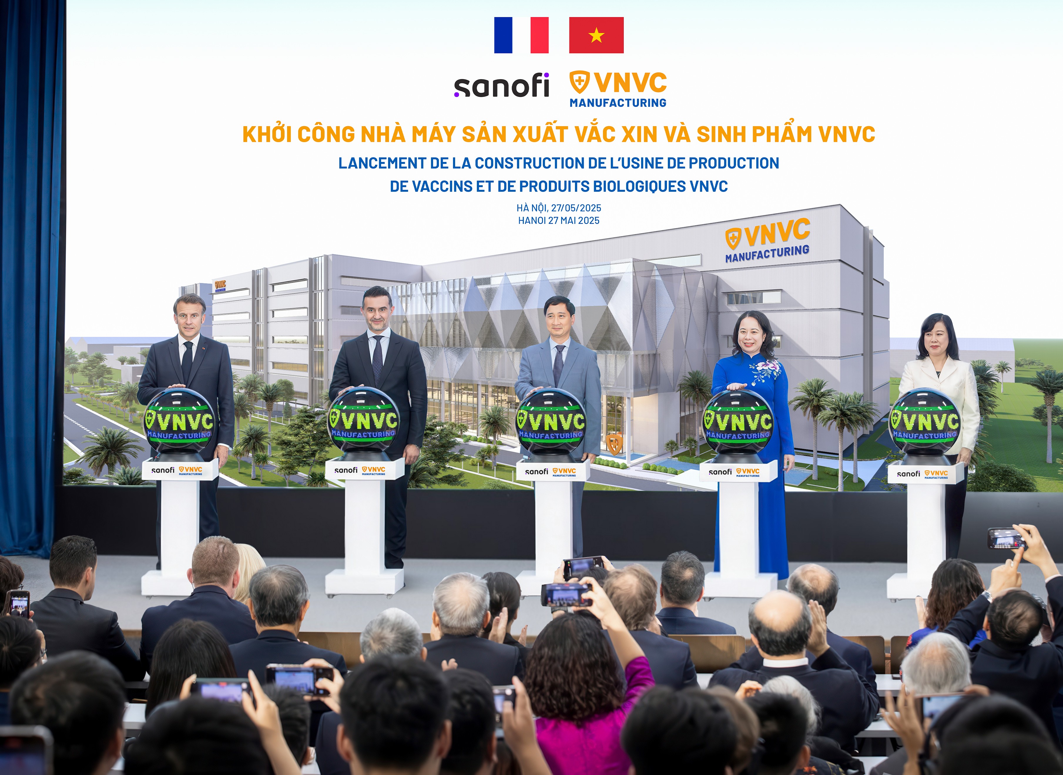 Ngày 27/5/2025, Tổng thống Pháp Emmanuel Macron cùng Phó Chủ tịch nước Võ Thị Ánh Xuân, Bộ trưởng Bộ Y Tế Đào Hồng Lan đã bấm nút khởi công Nhà máy Vắc xin và Sinh phẩm VNVC tại Việt Nam. Ảnh: Hải Nam Ngày 27/5/2025, Tổng thống Pháp Emmanuel Macron cùng Phó Chủ tịch nước Võ Thị Ánh Xuân, Bộ trưởng Bộ Y Tế Đào Hồng Lan đã bấm nút khởi công Nhà máy Vắc xin và Sinh phẩm VNVC tại Việt Nam. Ảnh: Hải Nam
