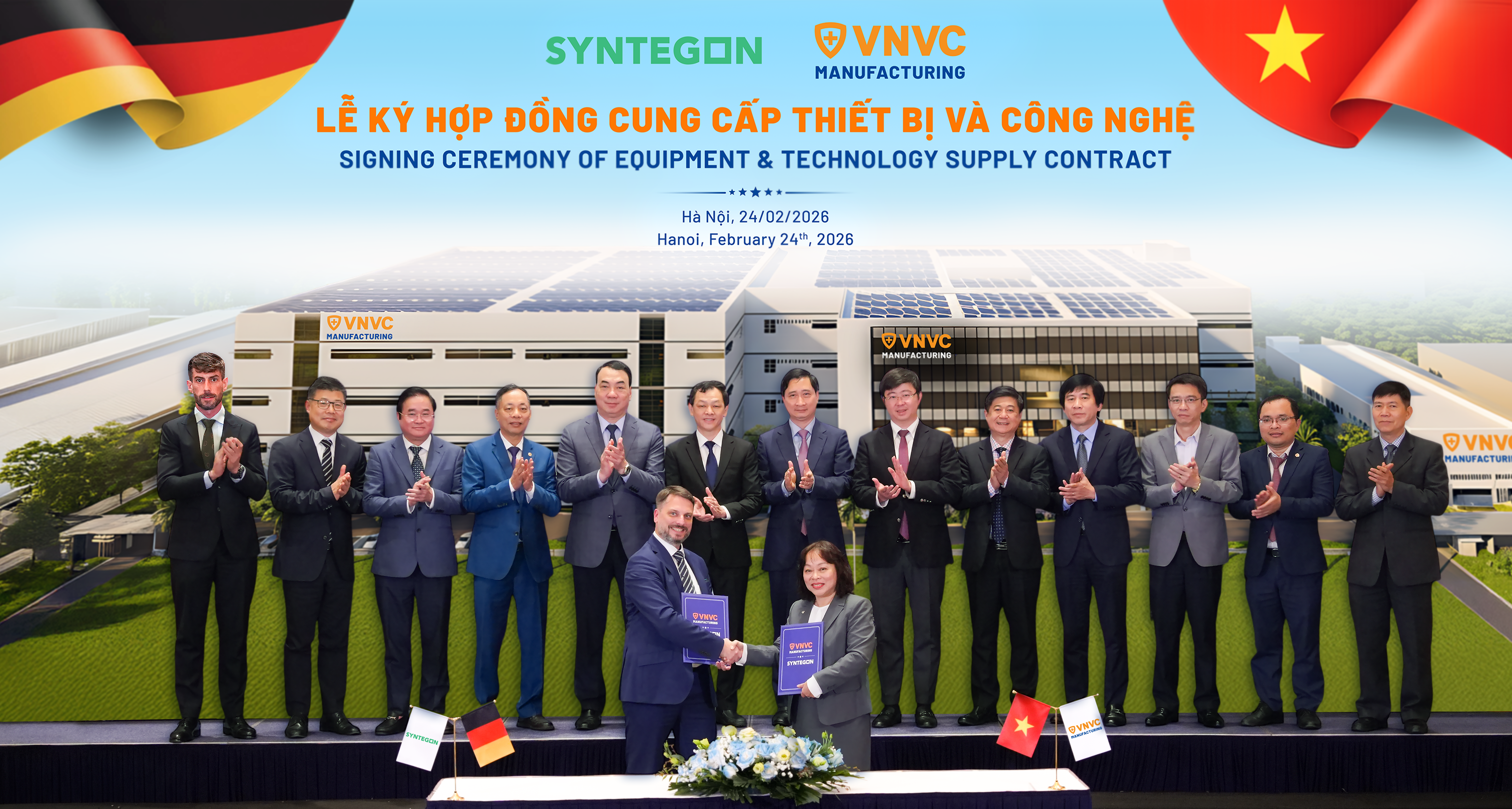 Bà Trần Thị Hồng Thủy - Giám đốc Nhà máy Vắc xin và Sinh phẩm VNVC và ông Florian Blobel - Giám đốc Kinh doanh Syntegon Pharma Liquid khu vực Châu Á - Thái Bình Dương ký kết hợp tác trước sự chứng kiến của lãnh đạo Bộ Y tế, Bộ Khoa học và Công nghệ cùng lãnh đạo các Cục, Viện chuyên môn và Công ty Vaccine Việt Nam (VNVC). Ảnh: Thế Vinh Bà Trần Thị Hồng Thủy - Giám đốc Nhà máy Vắc xin và Sinh phẩm VNVC và ông Florian Blobel - Giám đốc Kinh doanh Syntegon Pharma Liquid khu vực Châu Á - Thái Bình Dương ký kết hợp tác trước sự chứng kiến của lãnh đạo Bộ Y tế, Bộ Khoa học và Công nghệ cùng lãnh đạo các Cục, Viện chuyên môn và Công ty Vaccine Việt Nam (VNVC). Ảnh: Thế Vinh
