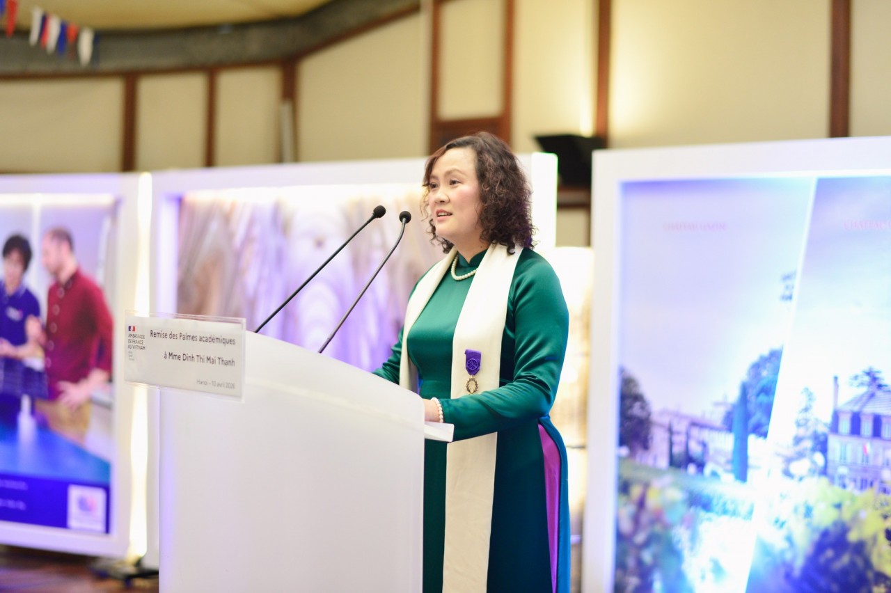 Prof. Dr. Dinh Thi Mai Thanh spoke at the ceremony. (Photo: USTH) Prof. Dr. Dinh Thi Mai Thanh spoke at the ceremony. (Photo: USTH)