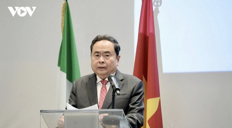 Vietnam's National Asssembly Chairman Tran Thanh Man speaks during the policy dialogue on enhancing Vietnam - Italy cooperation on April 13