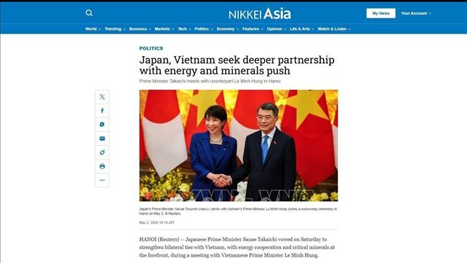 Báo Nikkei Asia đưa tin đậm nét với tiêu đề “Nhật Bản, Việt Nam thúc đẩy quan hệ đối tác với trọng tâm là năng lượng và khoáng sản” (ảnh chụp màn hình). Báo Nikkei Asia đưa tin đậm nét với tiêu đề “Nhật Bản, Việt Nam thúc đẩy quan hệ đối tác với trọng tâm là năng lượng và khoáng sản” (ảnh chụp màn hình).