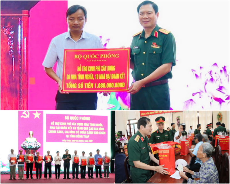 Bộ Quốc phòng trao kinh phí xây dựng 16 căn nhà, tặng 100 phần quà tại Đồng Tháp Bộ Quốc phòng trao kinh phí xây dựng 16 căn nhà, tặng 100 phần quà tại Đồng Tháp