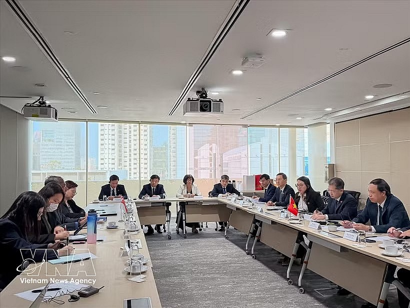 The Vietnamese delegation holds a working session with representatives of Singapore’s Ministry of Law. (Photo: VNA)