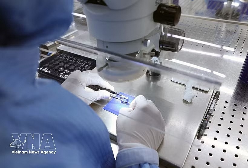 A worker checks electronic components at a factory of the RoK-invested MCNEX VINA Co. Ltd in the Phuc Son Industrial Park, Ninh Binh province. (Photo: VNA)