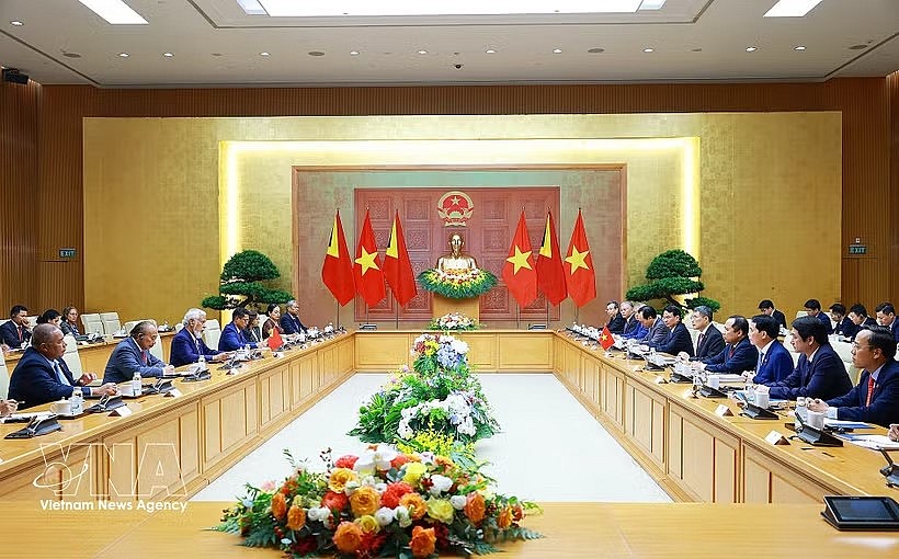 The talks between Vietnamese PM Le Minh Hung and his Timor-Leste counterpart Rala Xanana Gusmao in Hanoi on June 9 (Photo: VNA)