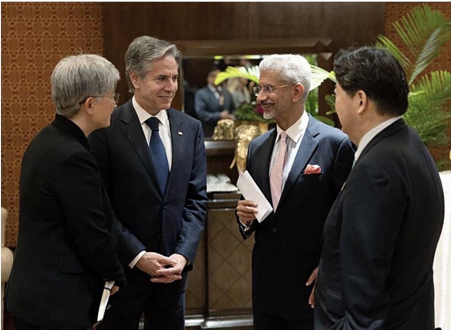 undefined India's External Affairs Minister Dr. S. Jaishankar in conversation with Australia's Foreign Minister Penny Wong, U.S. Secretary of State Antony Blinken, and Japan's Foreign Minister Yoshimasa Hayashi at the Quad foreign ministers' meeting held on the sidelines of the G20 FMM in New Delhi, on 3 March 2023. Image source: ANI
