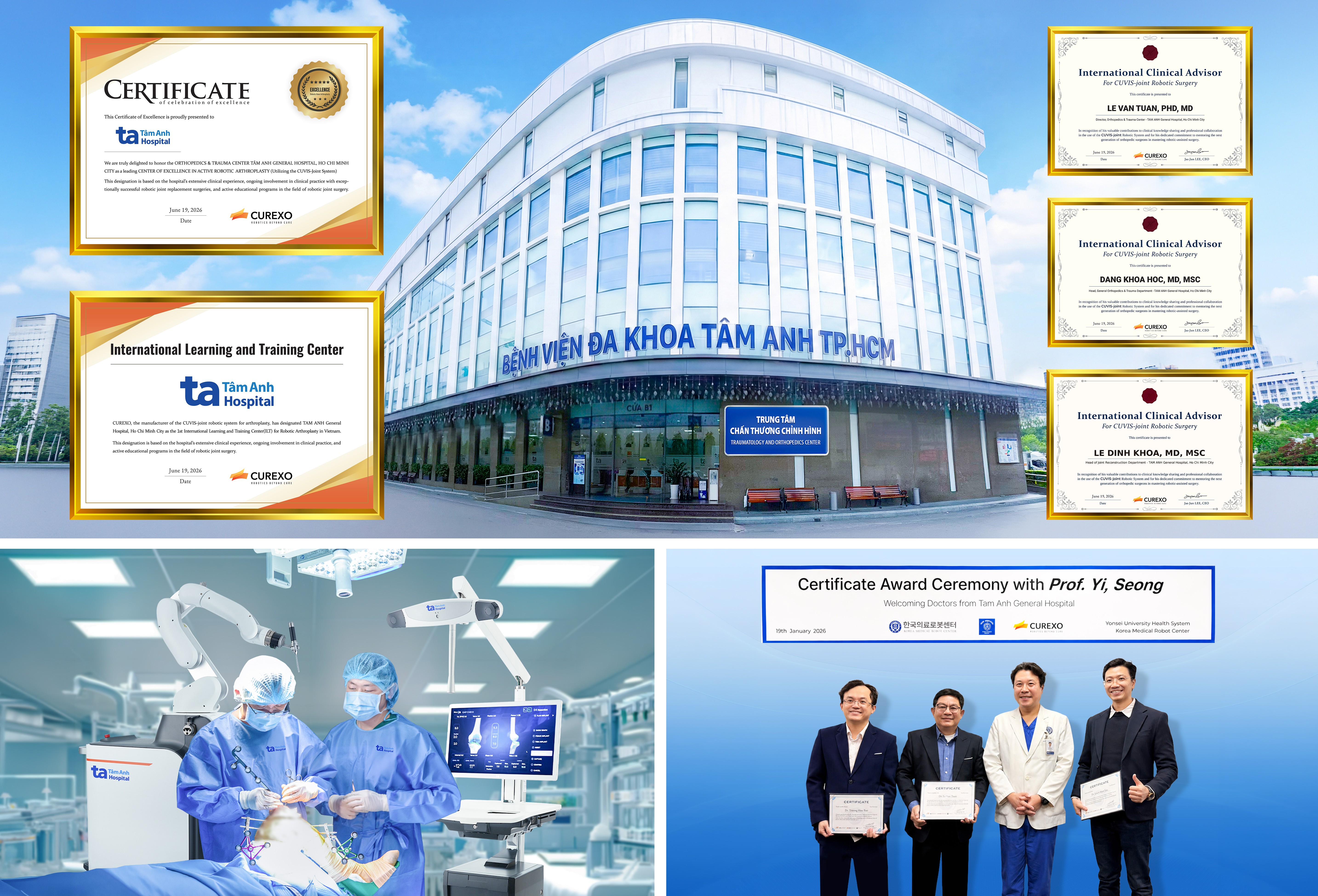 Bệnh viện Đa khoa Tâm Anh đạt 3 Chứng nhận quốc tế từ CUREXO sau khi các chuyên gia được đào tạo và triển khai phẫu thuật thay khớp bằng robot AI. Ảnh: Bệnh viện Đa khoa Tâm Anh.