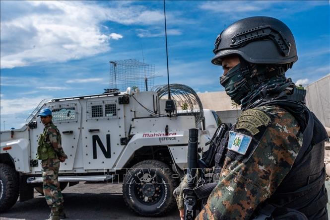 Binh sĩ thuộc Phái bộ gìn giữ hòa bình Liên hợp quốc tại CHDC Congo (MONUSCO) tham gia một cuộc diễn tập tại Sake. Ảnh tư liệu: AFP/TTXVN