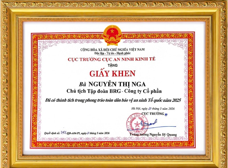 Giấy khen Madame Nguyễn Thị Nga - Chủ tịch Tập đoàn BRG, từ Cục An ninh Kinh tế - Bộ Công an