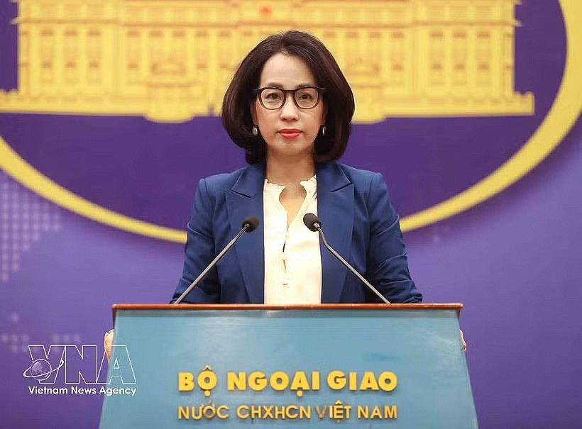 Spokeswoman of the Vietnamese Ministry of Foreign Affairs Pham Thu Hang speaks at the press conference on July 9. (Photo: VNA)